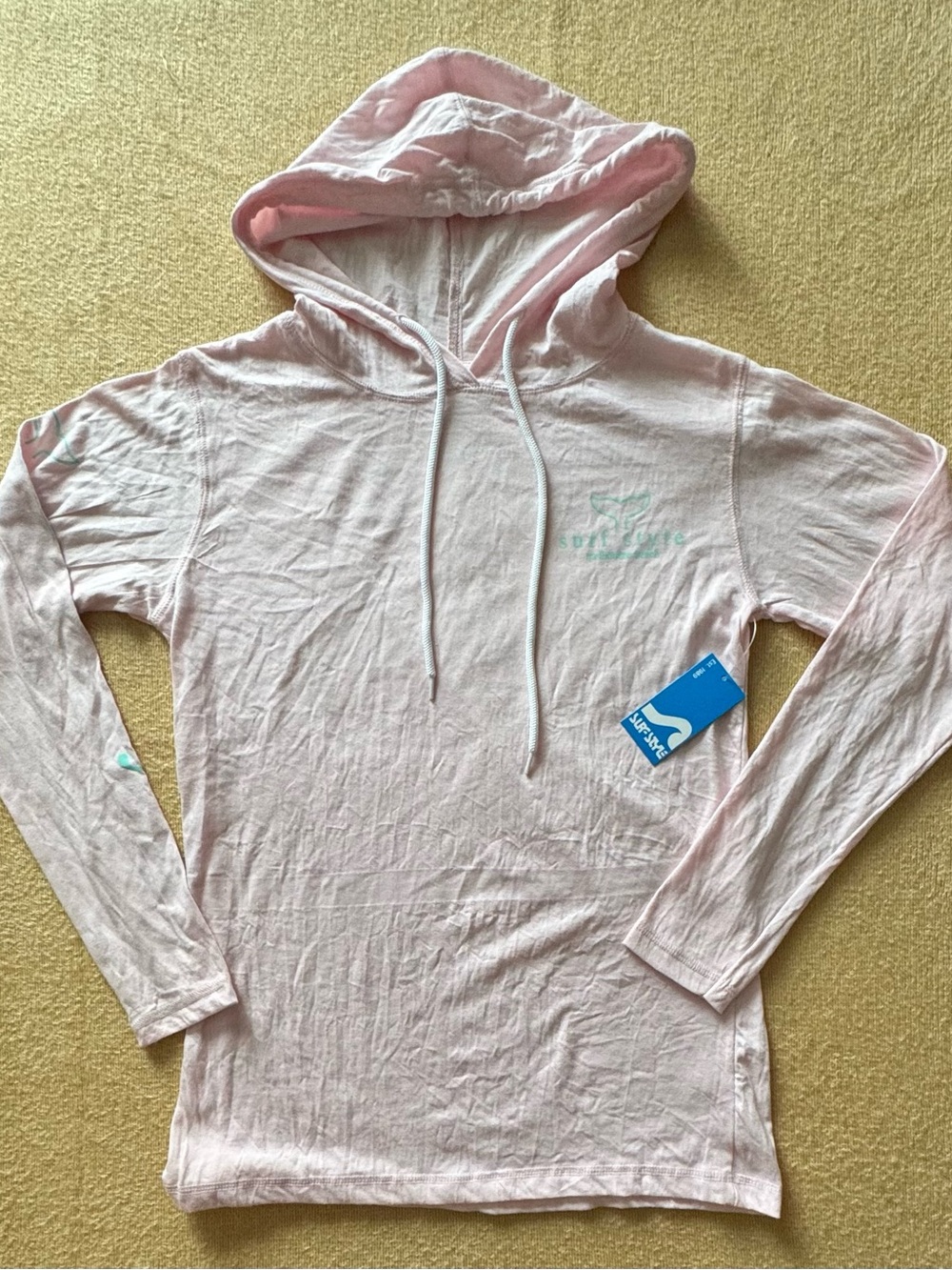 surf style Light Pink Long Sleeve Hoodie Tee with Mint Logo